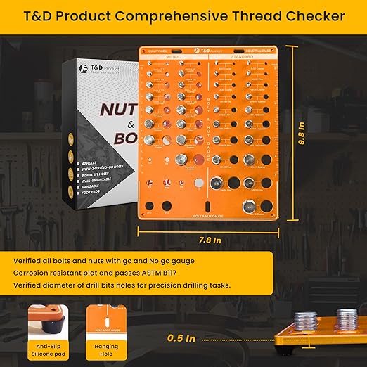 T&D 42 Hole Nut and Bolt Thread Checker with 8 Drillbit Holes