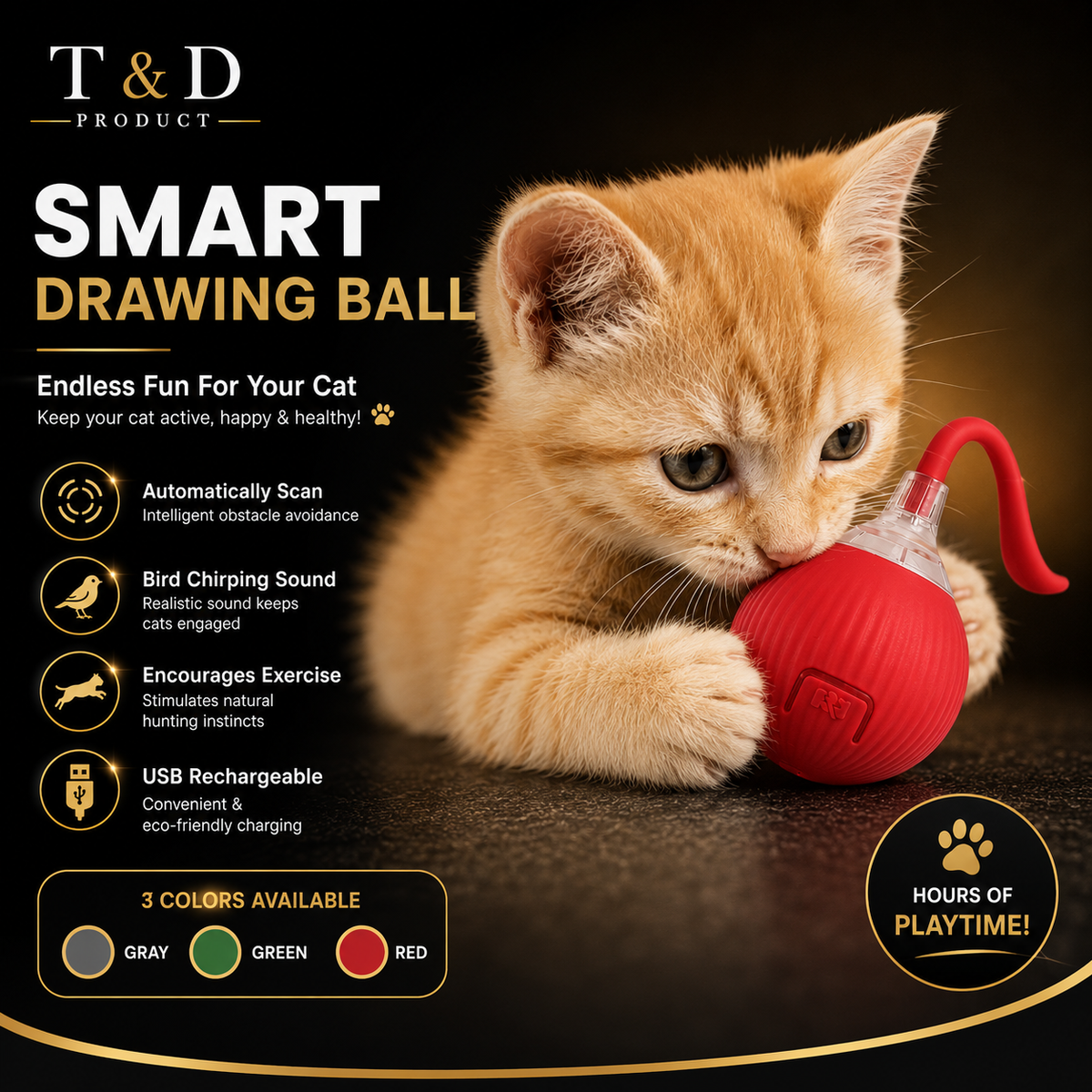 Interactive smart cat toy ball with chirping and rolling motion